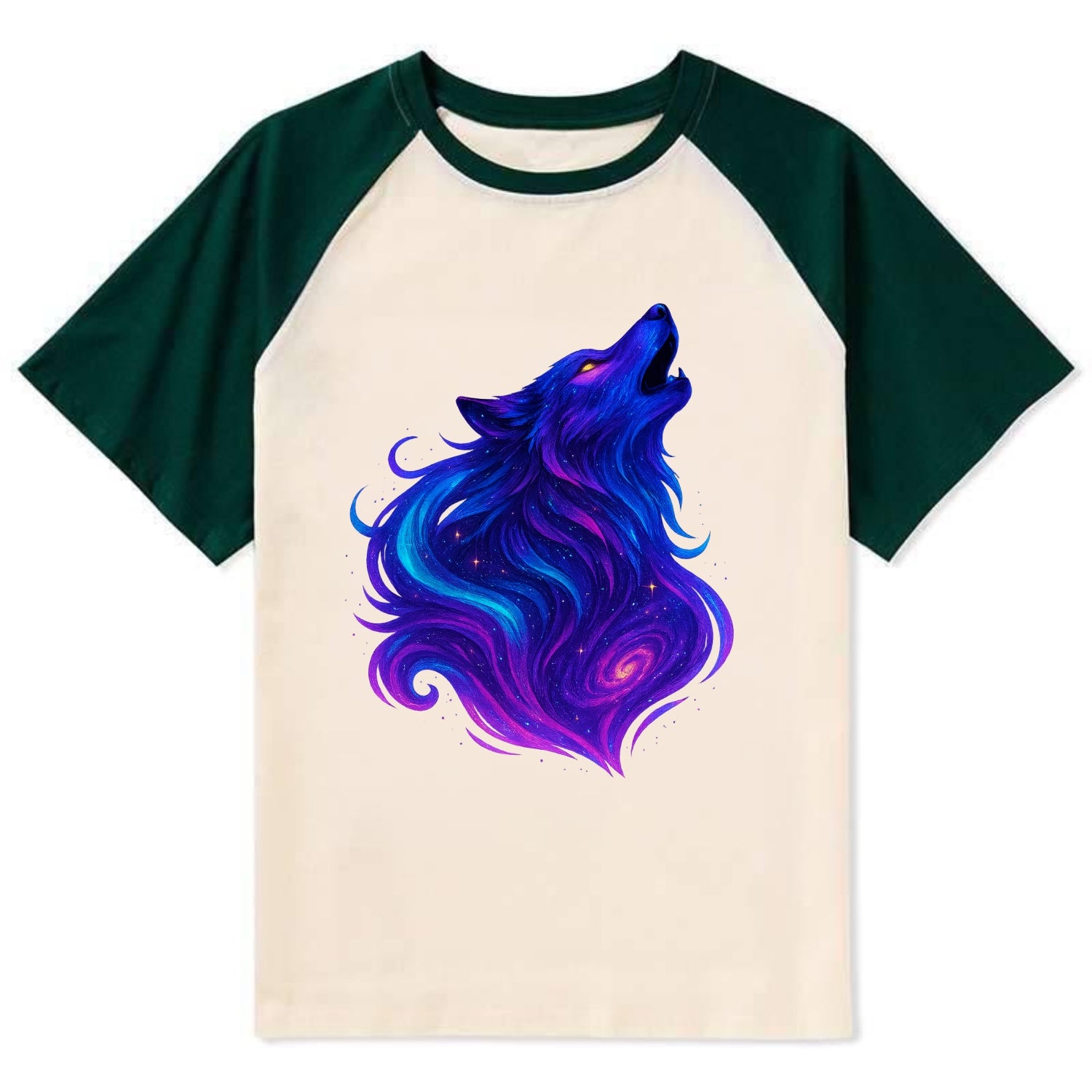 Noble wolf with flowing fur that transforms into aurora borealis streams, - Contrast Raglan T-shirt - Green