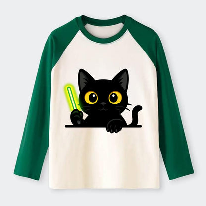 Midnight the black cat fist bumping the viewer with right paw extended. - Raglan Long Sleeve T-Shirt - Green