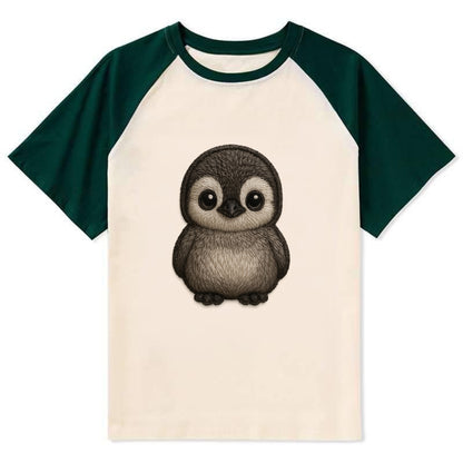 Baby Penguin Chick - gray fluffy, white face, round body, front-facing, - Contrast Raglan T-shirt - Green