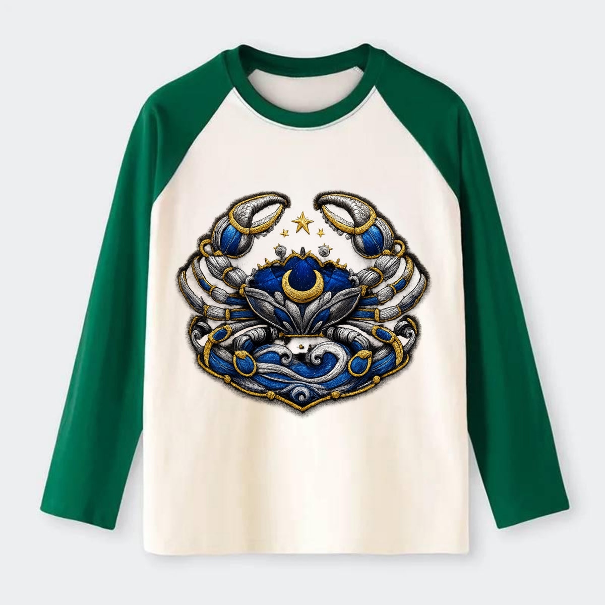 CANCER CRAB - protective crab in silver and blue , water sign - Raglan Long Sleeve T-Shirt - Green