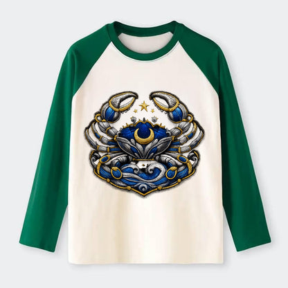 CANCER CRAB - protective crab in silver and blue , water sign - Raglan Long Sleeve T-Shirt - Green