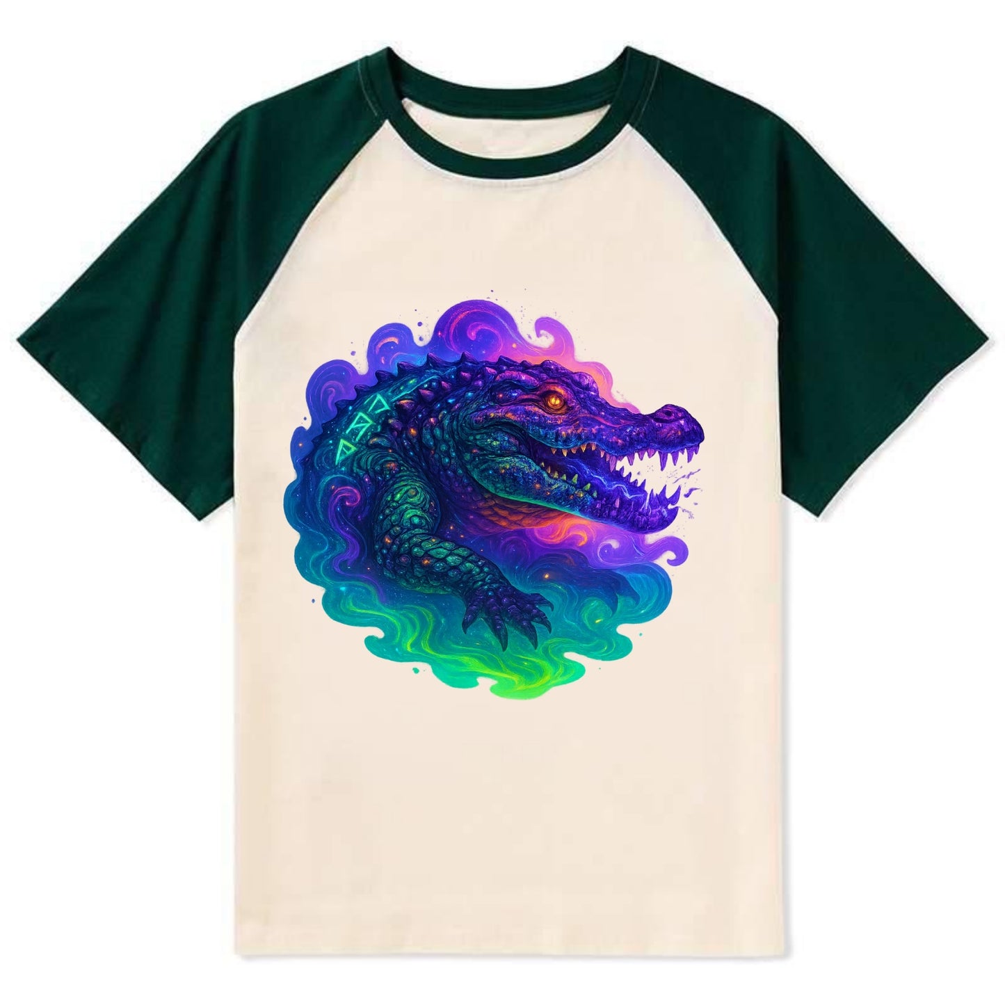 Primordial crocodile with scales pulsing plasma energy in green and - Contrast Raglan T-shirt - Green