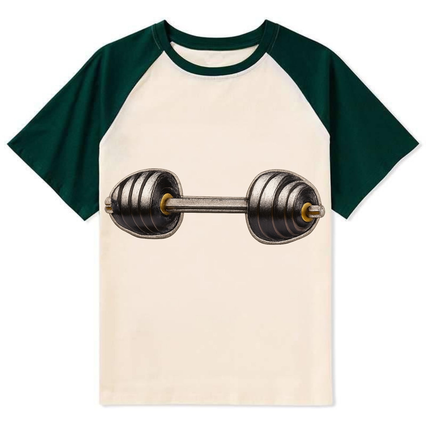 Embroidered patch design - WEIGHTLIFTING BARBELL - heavy barbell with - Contrast Raglan T-shirt - Green