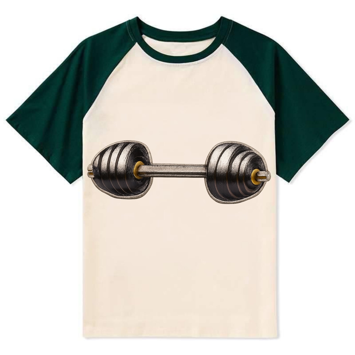 Embroidered patch design - WEIGHTLIFTING BARBELL - heavy barbell with - Contrast Raglan T-shirt - Green