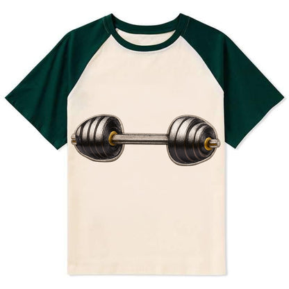 Embroidered patch design - WEIGHTLIFTING BARBELL - heavy barbell with - Contrast Raglan T-shirt - Green