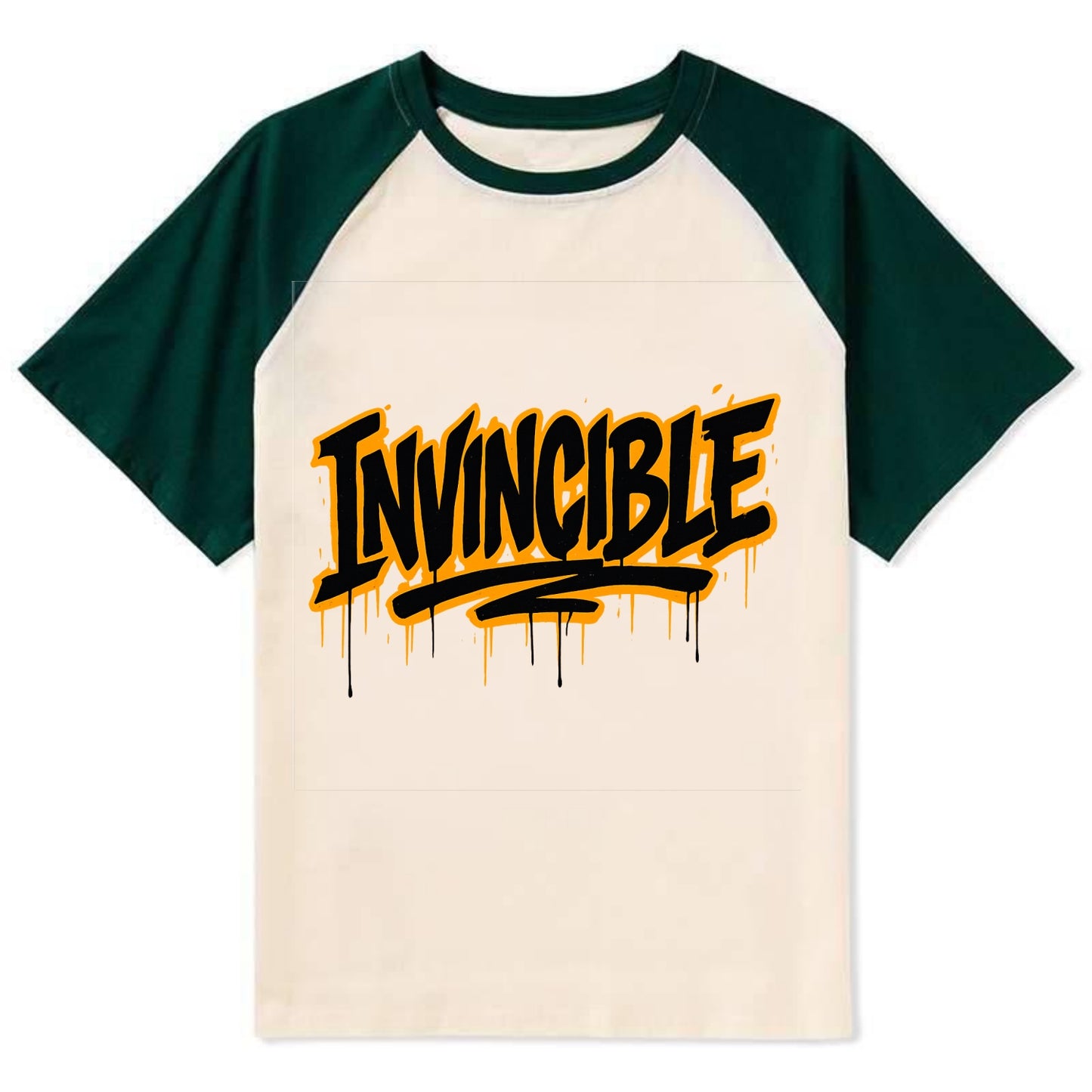Bold typography design - "INVINCIBLE" - cannot be defeated, unconquerable - Contrast Raglan T-shirt - Green