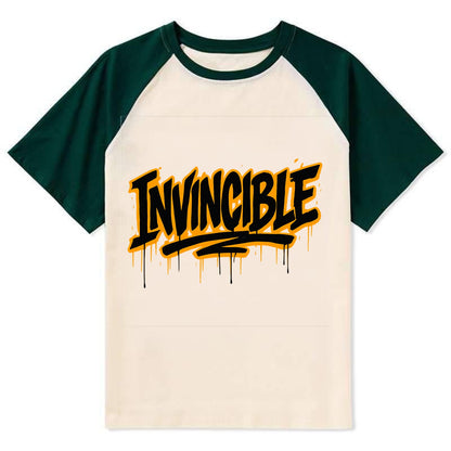 Bold typography design - "INVINCIBLE" - cannot be defeated, unconquerable - Contrast Raglan T-shirt - Green
