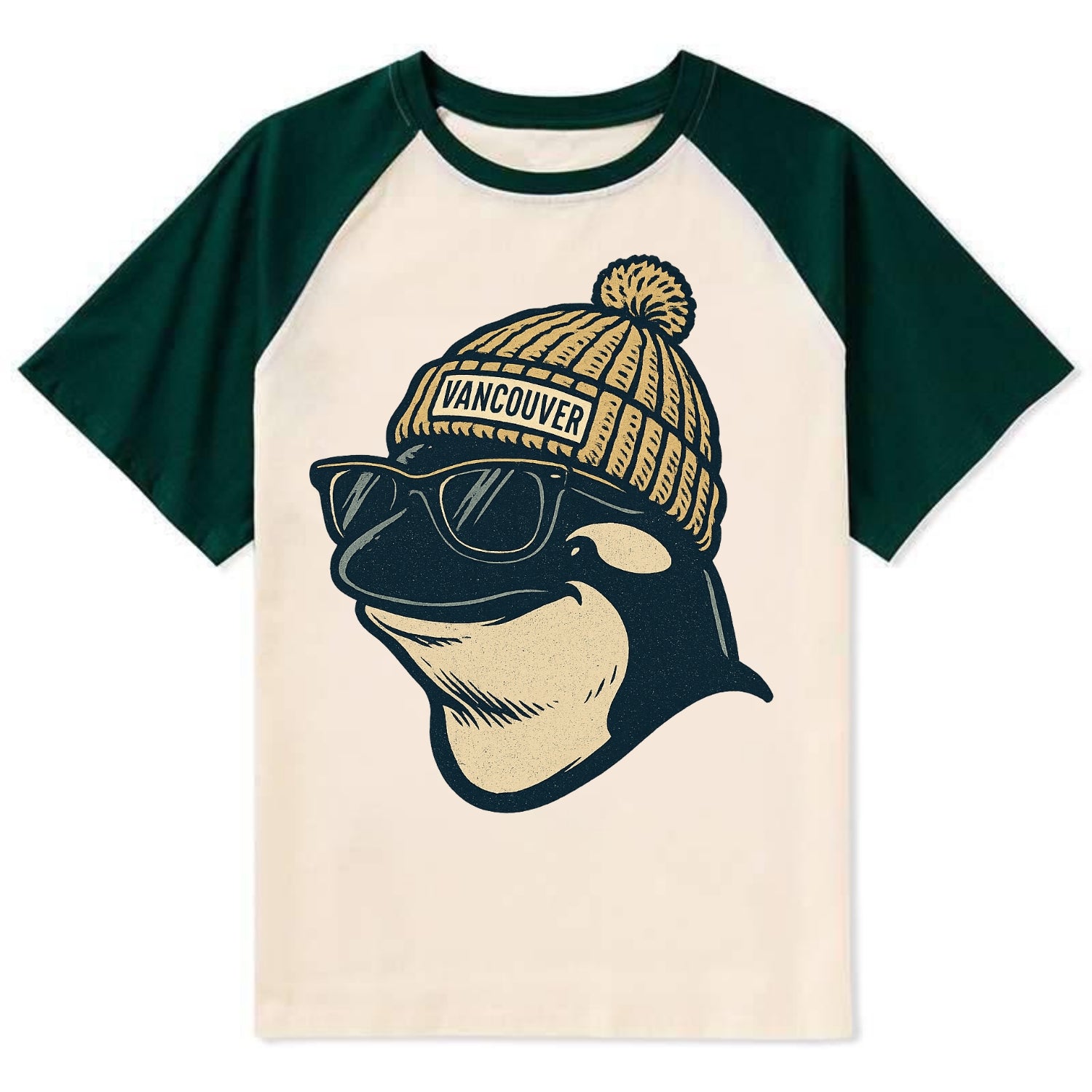 Vancouver Orca wearing Vancouver beanie - Contrast Raglan T-shirt - Green