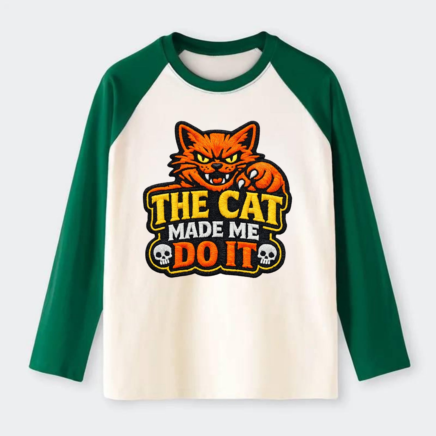 THE CAT MADE ME DO IT - mischievous cat in orange , blame the cat - Raglan Long Sleeve T-Shirt - Green