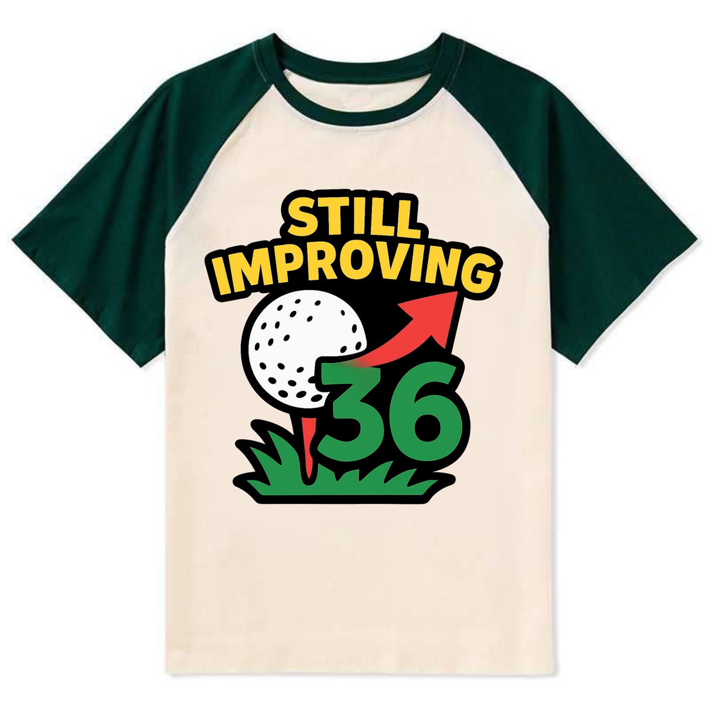 Handicap number getting higher with arrow - "Still Improving" - - Contrast Raglan T-shirt - Green