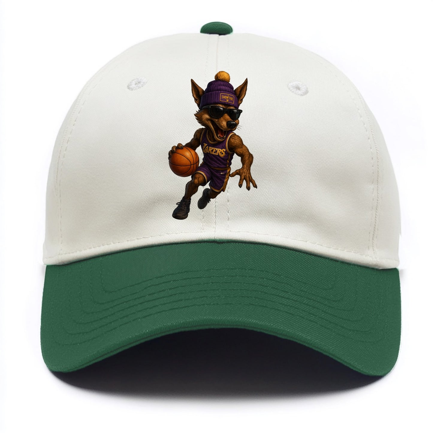 Hollywood Coyote wearing Lakers beanie with Showtime patch and wayfarer sunglasses - Two Tone Cap - Green