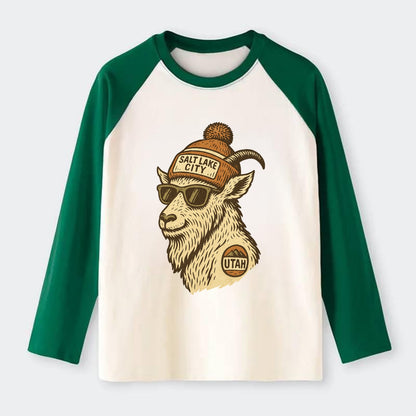 Utah Mountain Goat wearing Salt Lake City beanie with pom pom and - Raglan Long Sleeve T-Shirt - Green