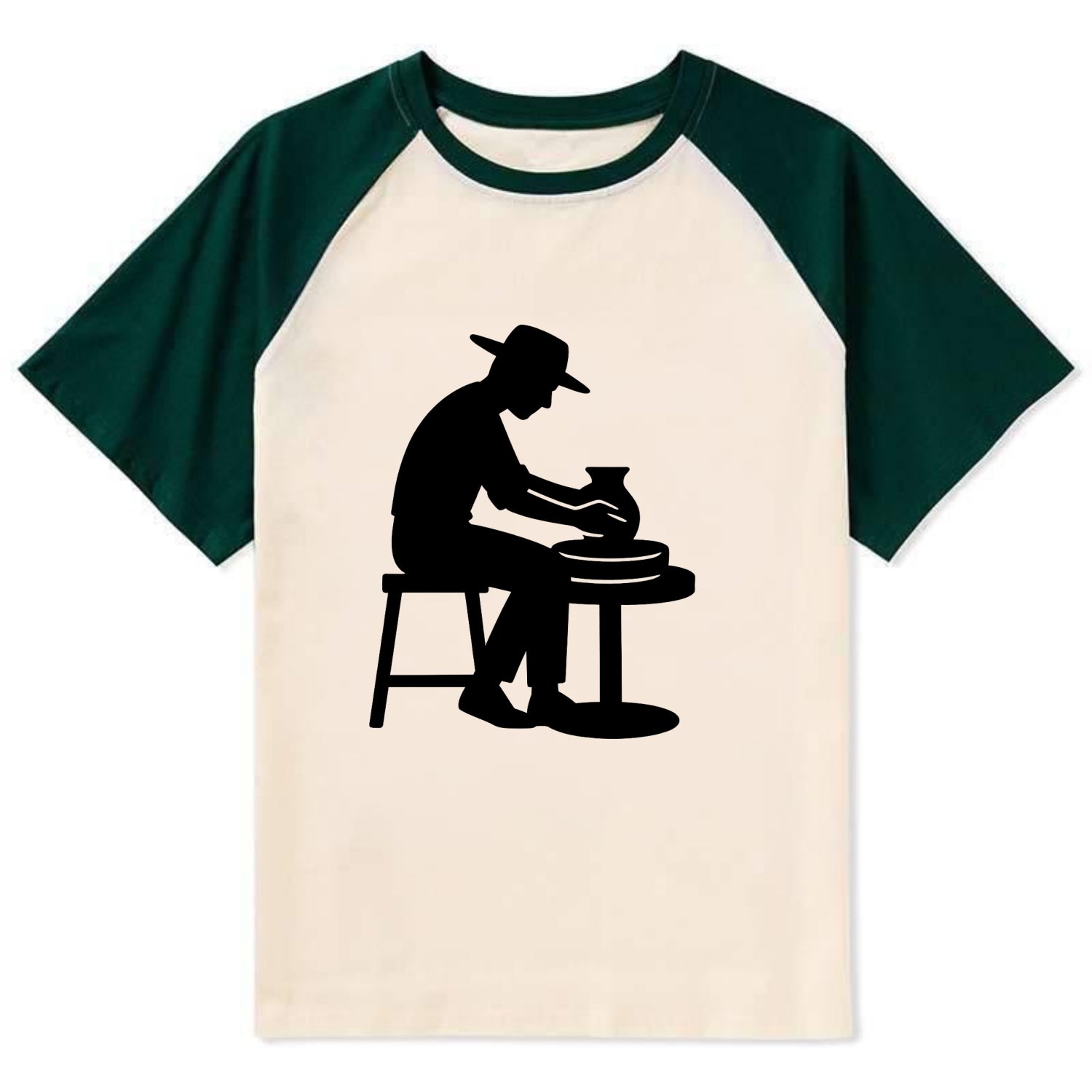 Potter shaping clay on wheel - Contrast Raglan T-shirt - Green