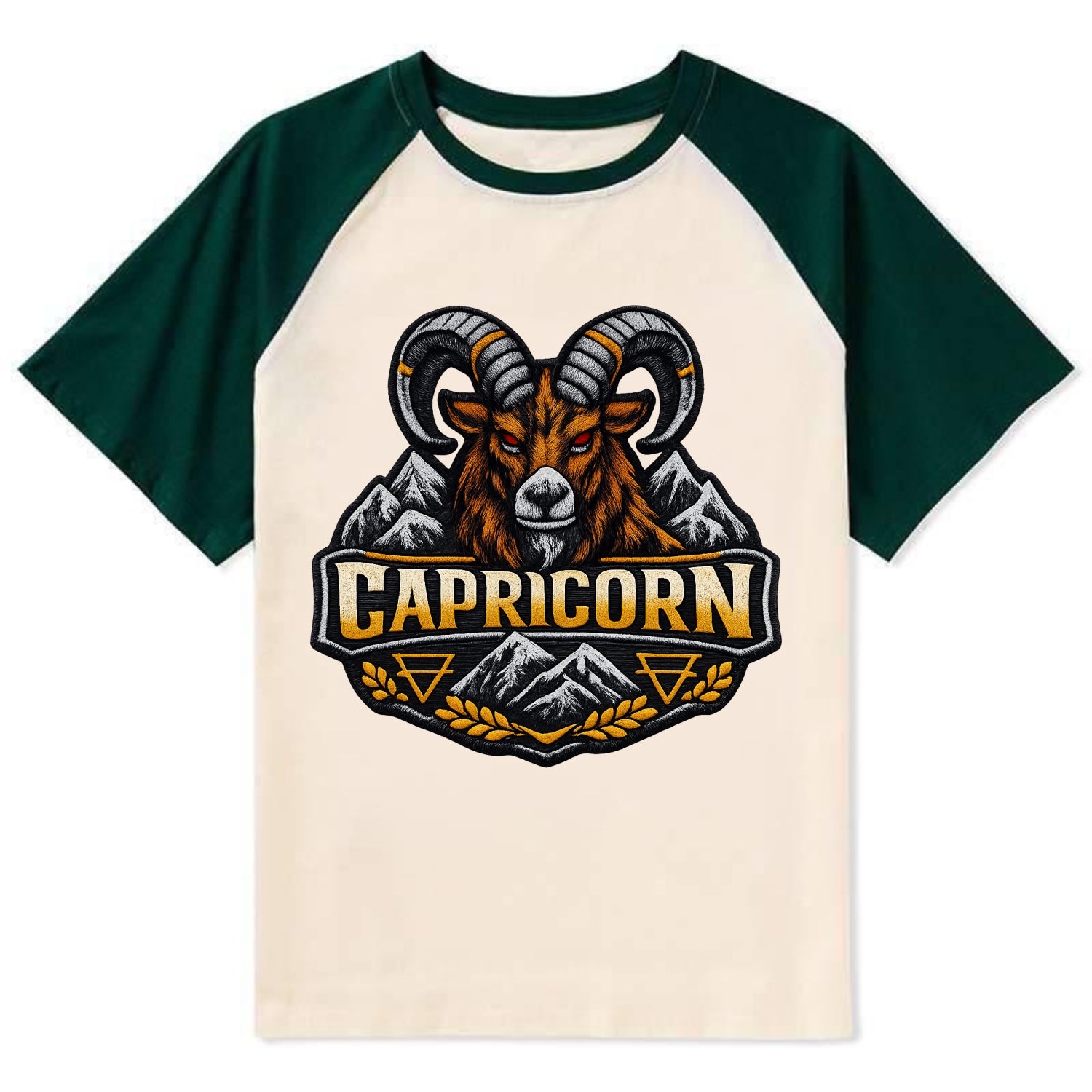 CAPRICORN GOAT - mountain goat in brown and gray , earth sign - Contrast Raglan T-shirt - Green