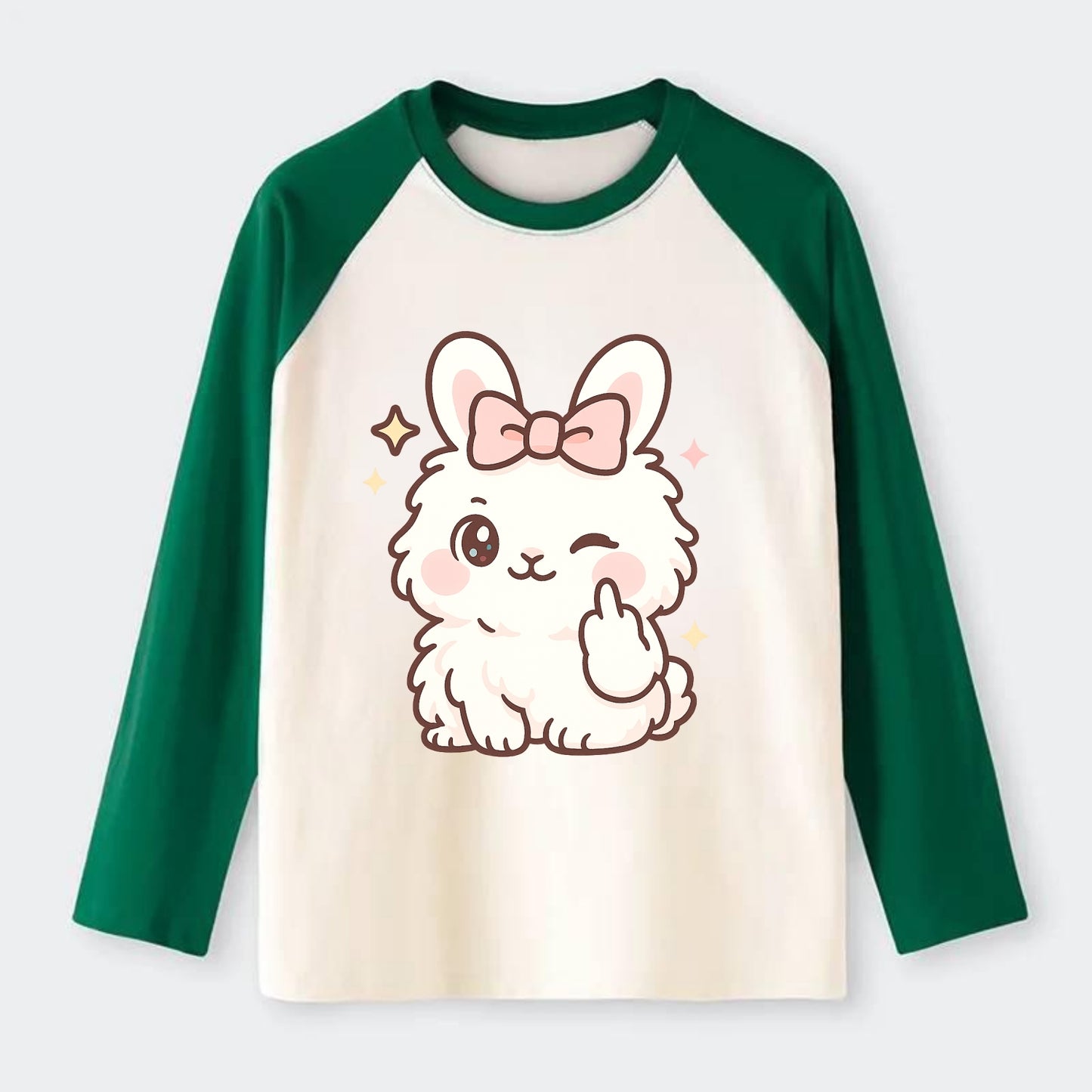 fluffy white angora rabbit with pink bow, one paw delicately flipping - Raglan Long Sleeve T-Shirt - Green
