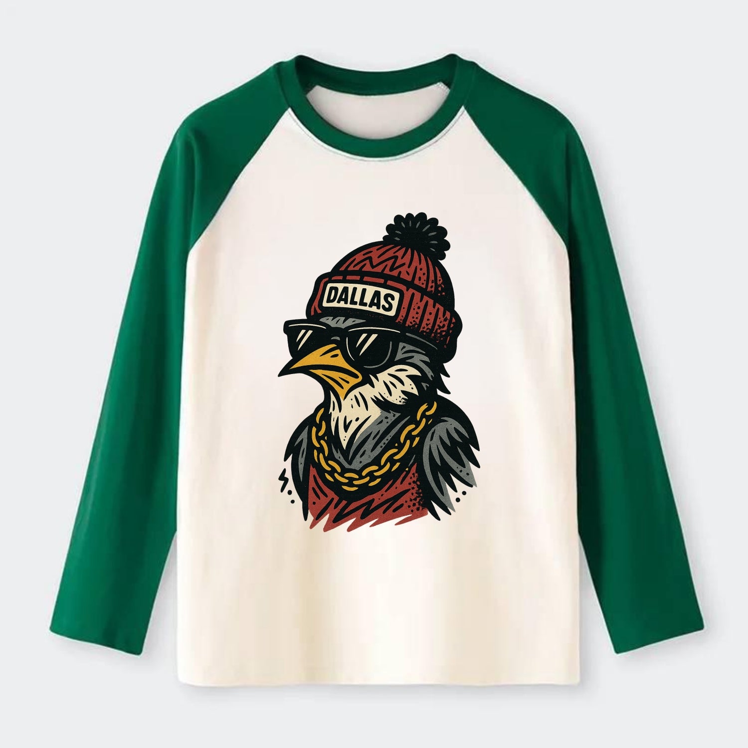 Dallas Mockingbird wearing Dallas beanie with pom pom and wayfarer - Raglan Long Sleeve T-Shirt - Green