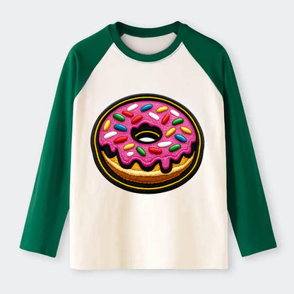 DONUT SPRINKLES - glazed donut with sprinkles in pink and rainbow , - Raglan Long Sleeve T-Shirt - Green