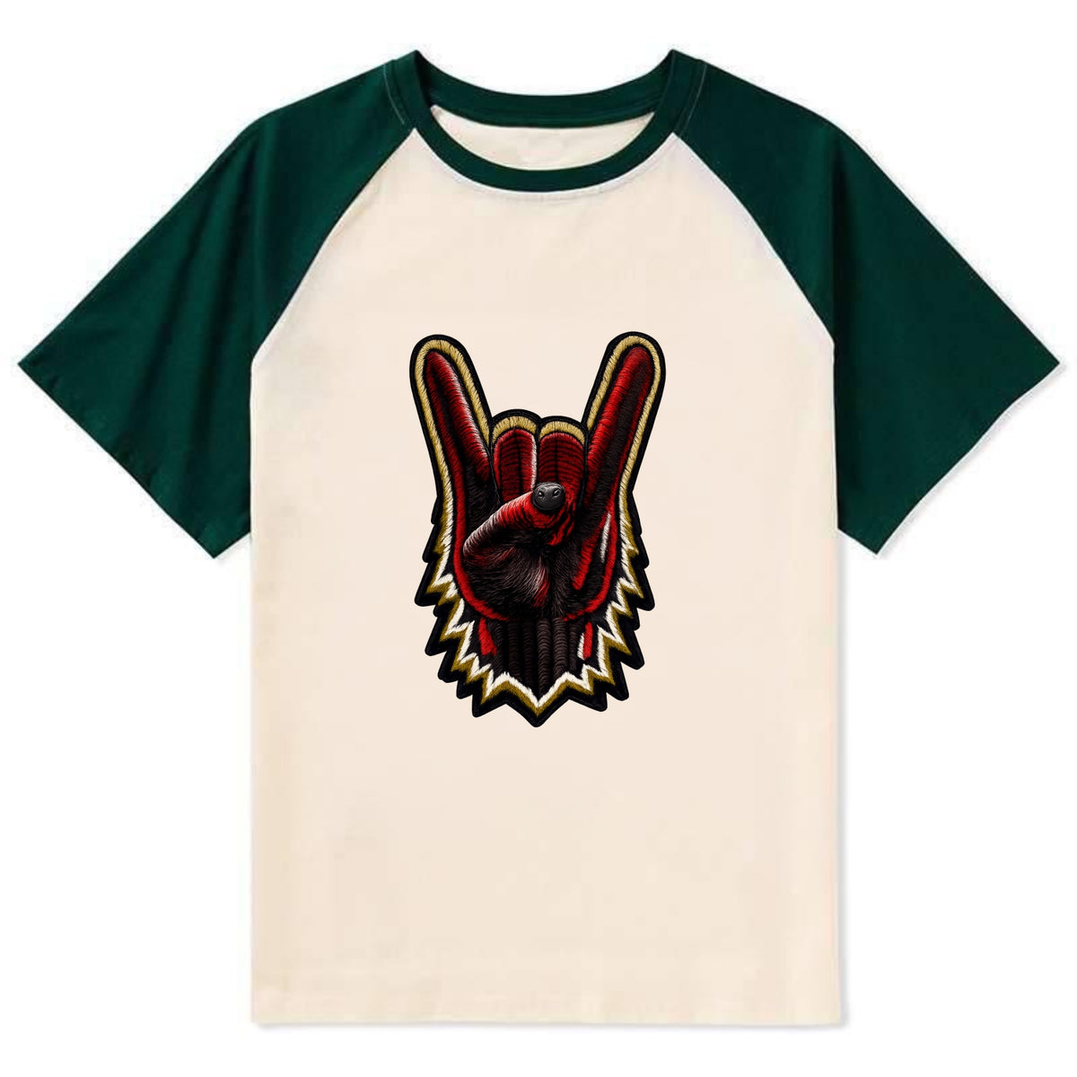 ROCK HAND HORNS - devil horns hand gesture in black and red , metal music - Contrast Raglan T-shirt - Green