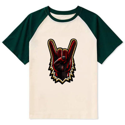 ROCK HAND HORNS - devil horns hand gesture in black and red , metal music - Contrast Raglan T-shirt - Green