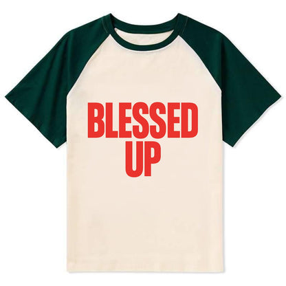 Bold typography design - "BLESSED UP" - recognizing fortune - Contrast Raglan T-shirt - Green