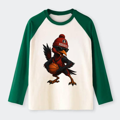 Houston Roadrunner wearing Rockets beanie with launch pad patch and - Raglan Long Sleeve T-Shirt - Green
