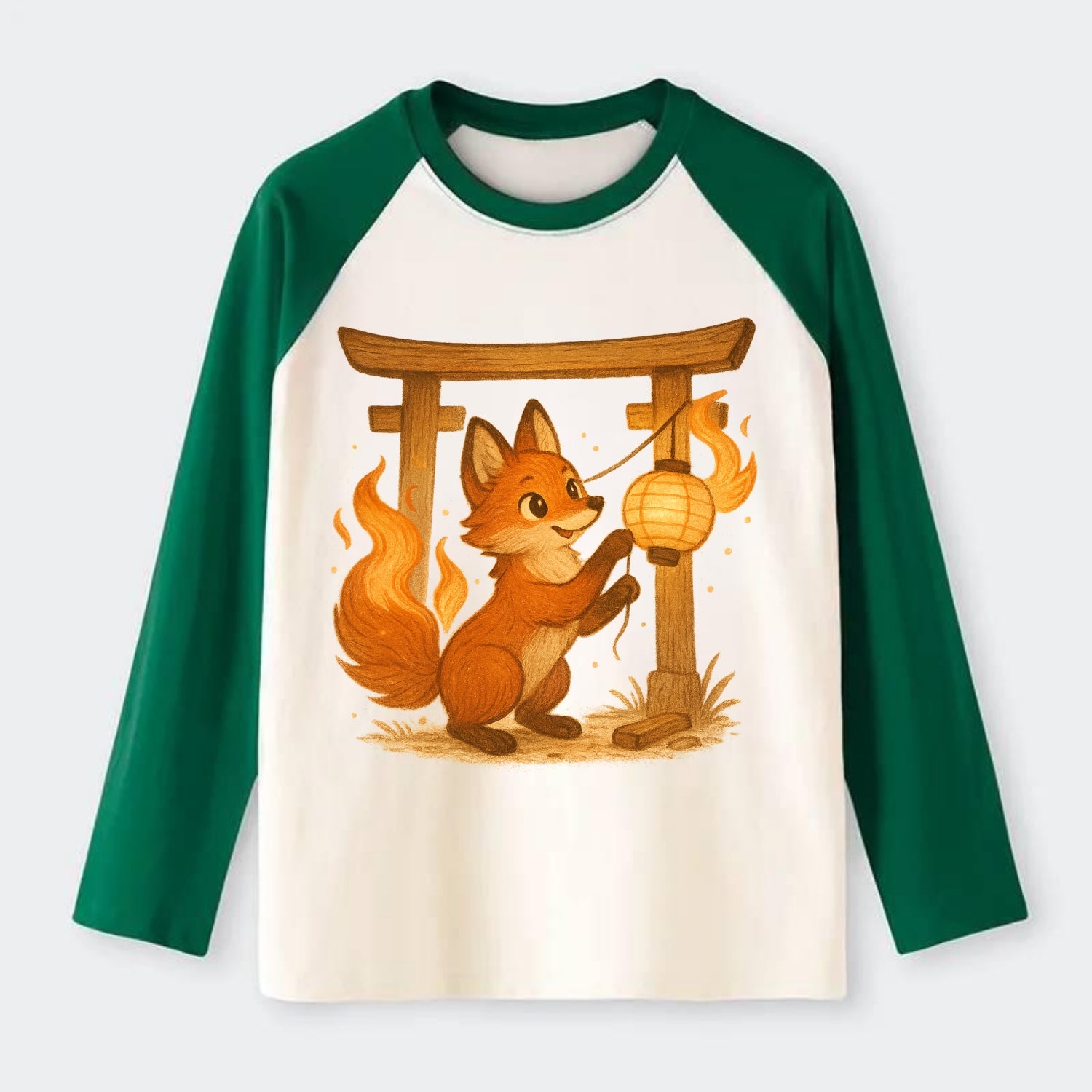 Foxfire kitsune stringing lanterns along a torii gate with tails of - Raglan Long Sleeve T-Shirt - Green