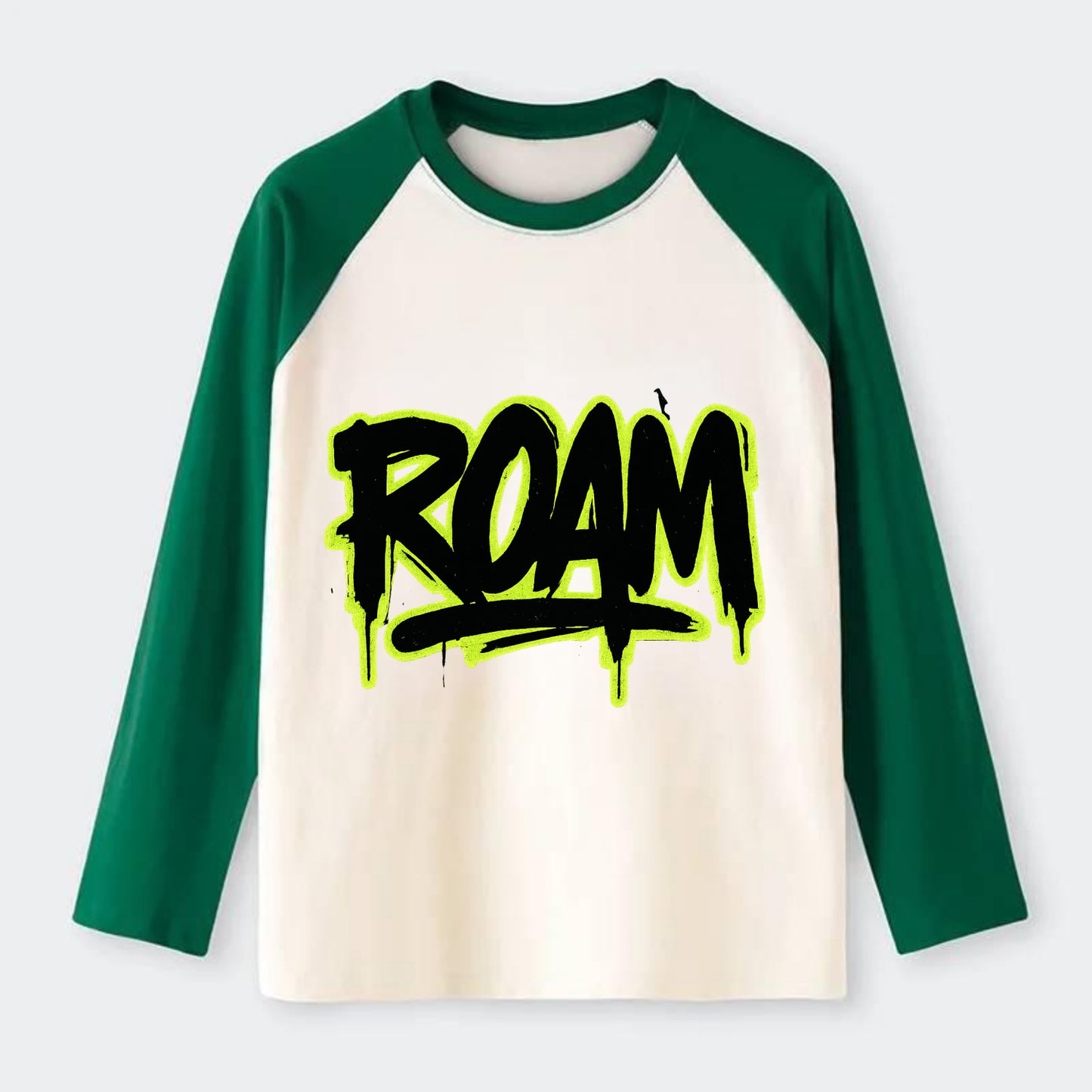 Bold typography design - "ROAM" - wander freely, no destination needed - Raglan Long Sleeve T-Shirt - Green