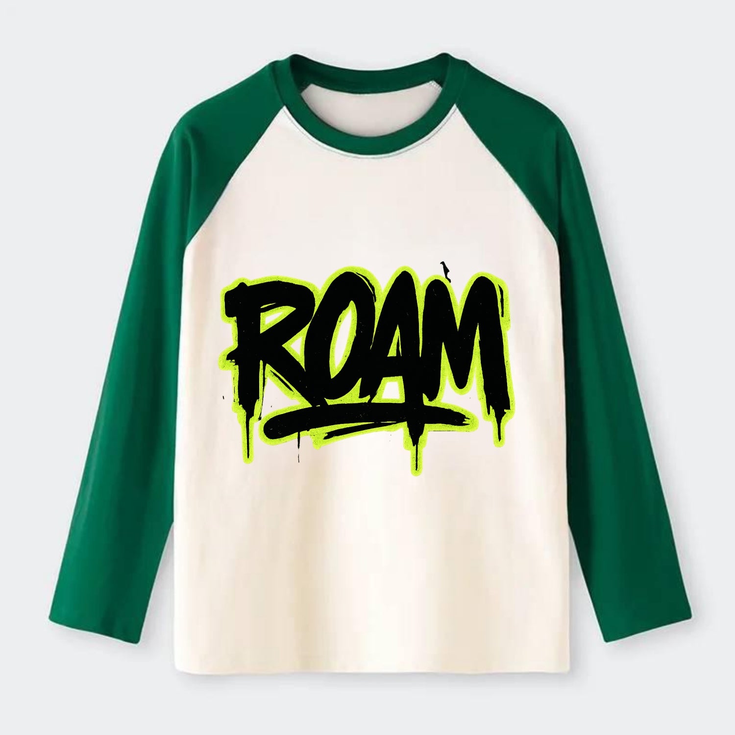 Bold typography design - "ROAM" - wander freely, no destination needed - Raglan Long Sleeve T-Shirt - Green