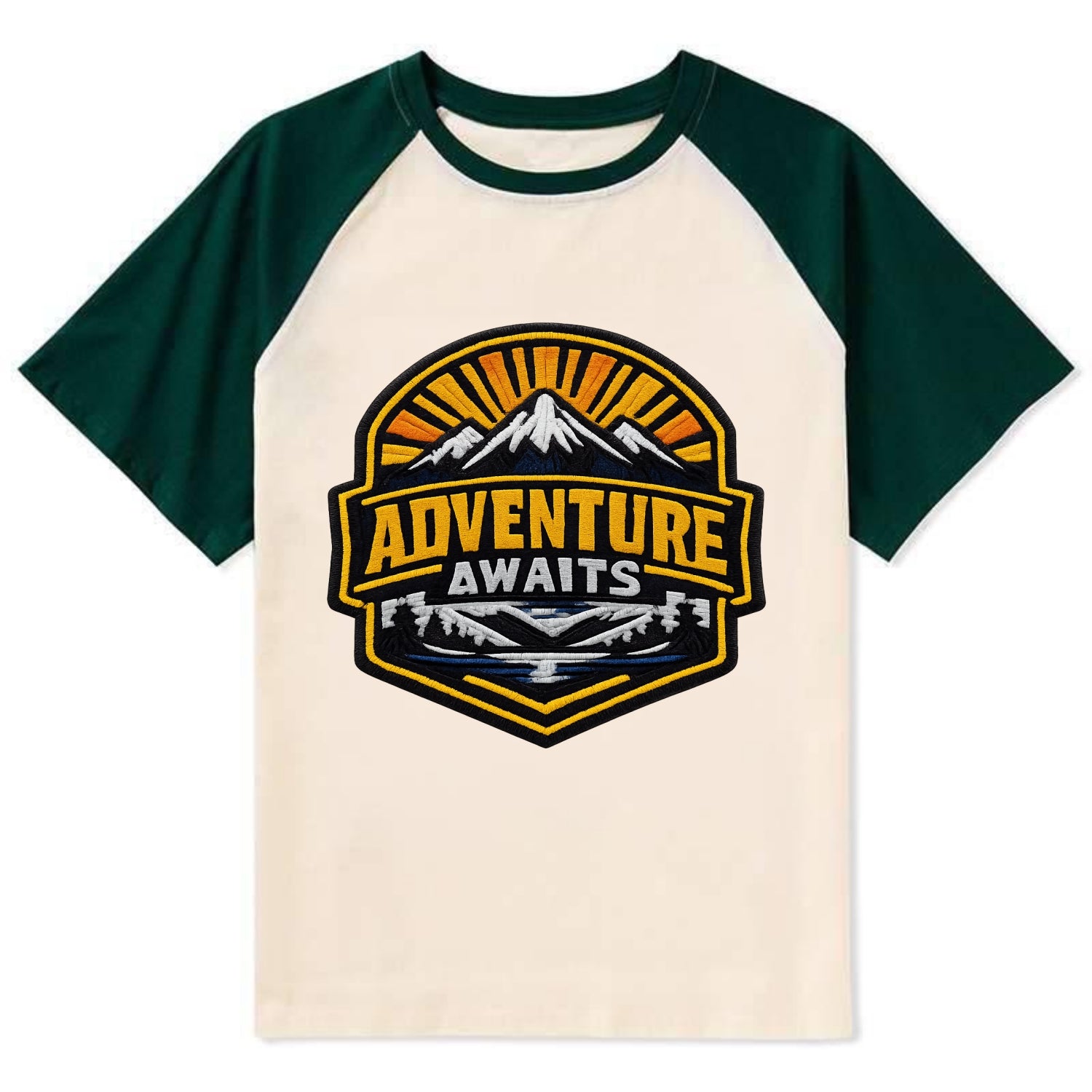 ADVENTURE AWAITS - mountain sunrise with text in gold and blue , - Contrast Raglan T-shirt - Green