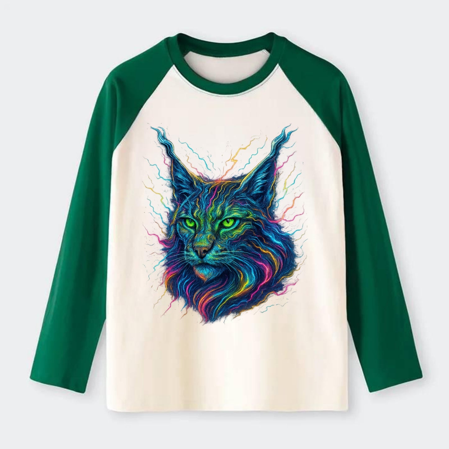Wild lynx with ear tufts transforming into liquid mercury flows, - Raglan Long Sleeve T-Shirt - Green