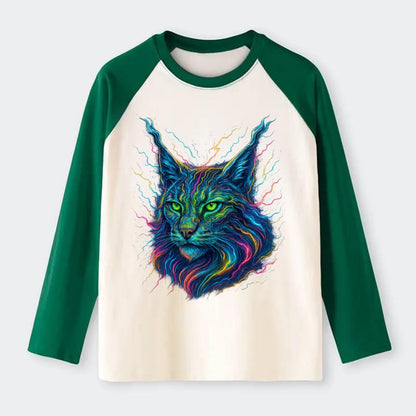 Wild lynx with ear tufts transforming into liquid mercury flows, - Raglan Long Sleeve T-Shirt - Green