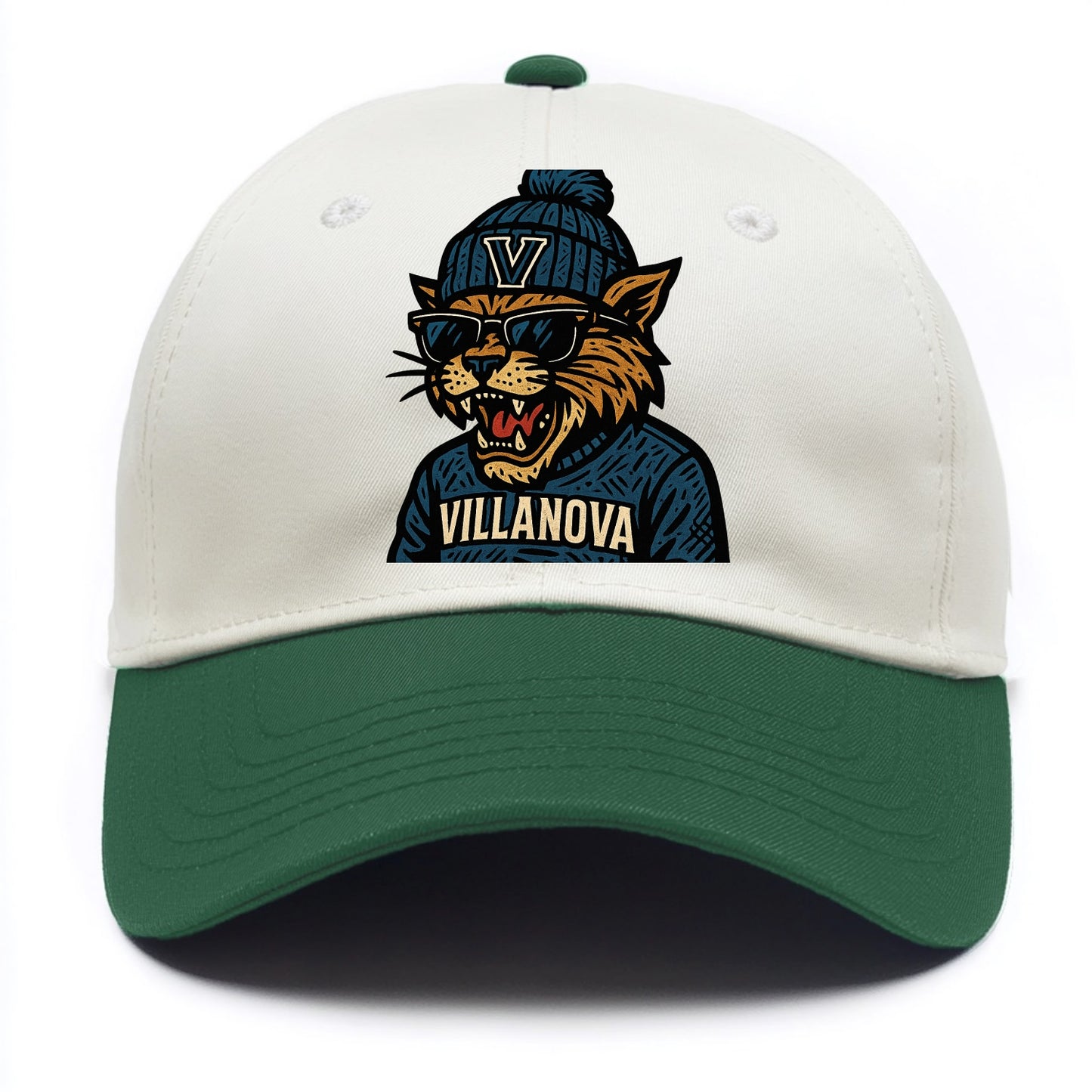 Villanova Wildcat wearing Villanova beanie with V patch - Two Tone Cap - Green