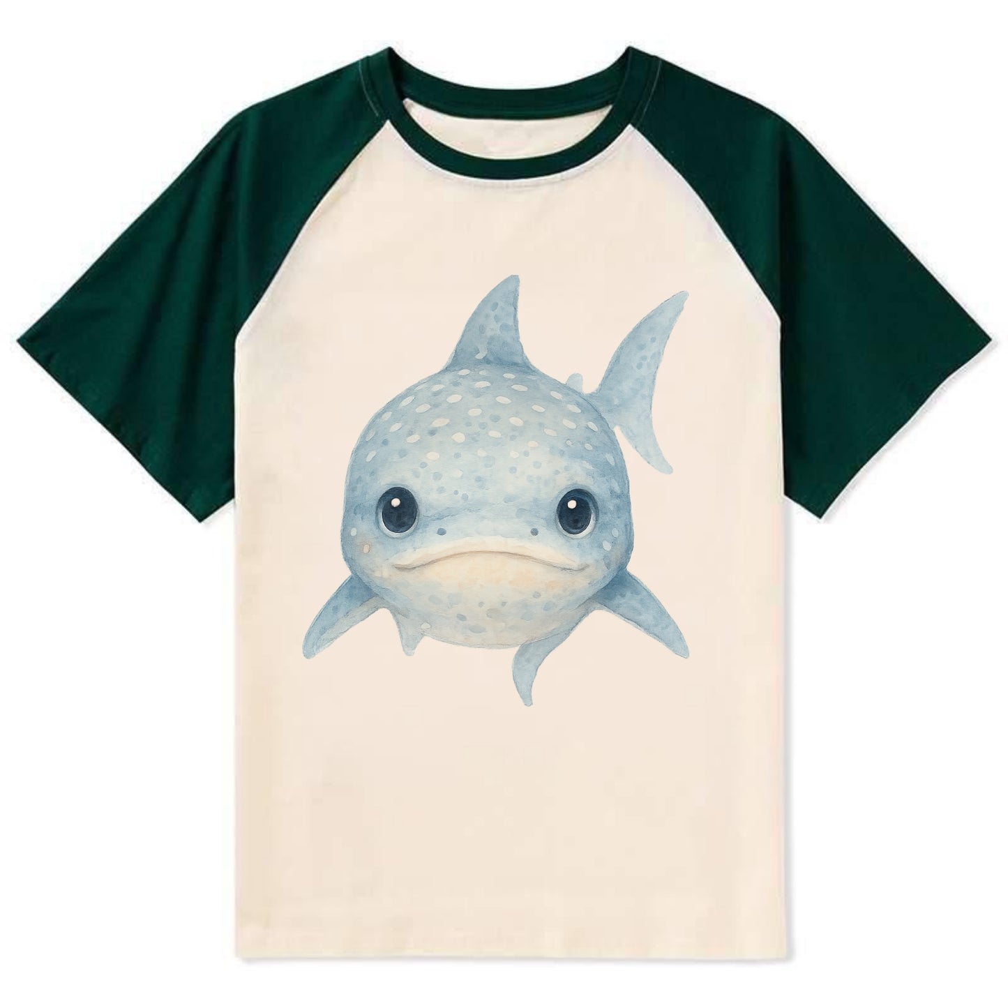 Baby Whale Shark - spotted blue-gray, wide mouth closed, tiny eyes, - Contrast Raglan T-shirt - Green