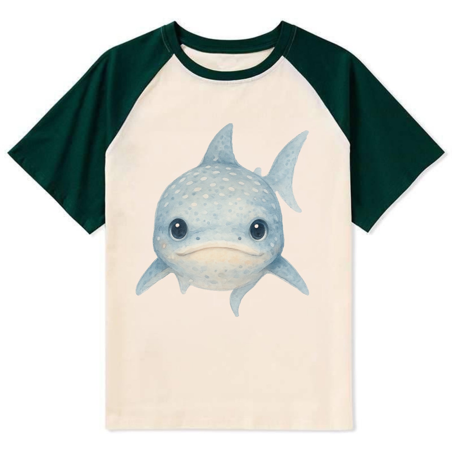 Baby Whale Shark - spotted blue-gray, wide mouth closed, tiny eyes, - Contrast Raglan T-shirt - Green