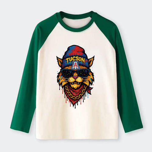 Tucson Wildcat wearing Arizona beanie with A patch - Raglan Long Sleeve T-Shirt
