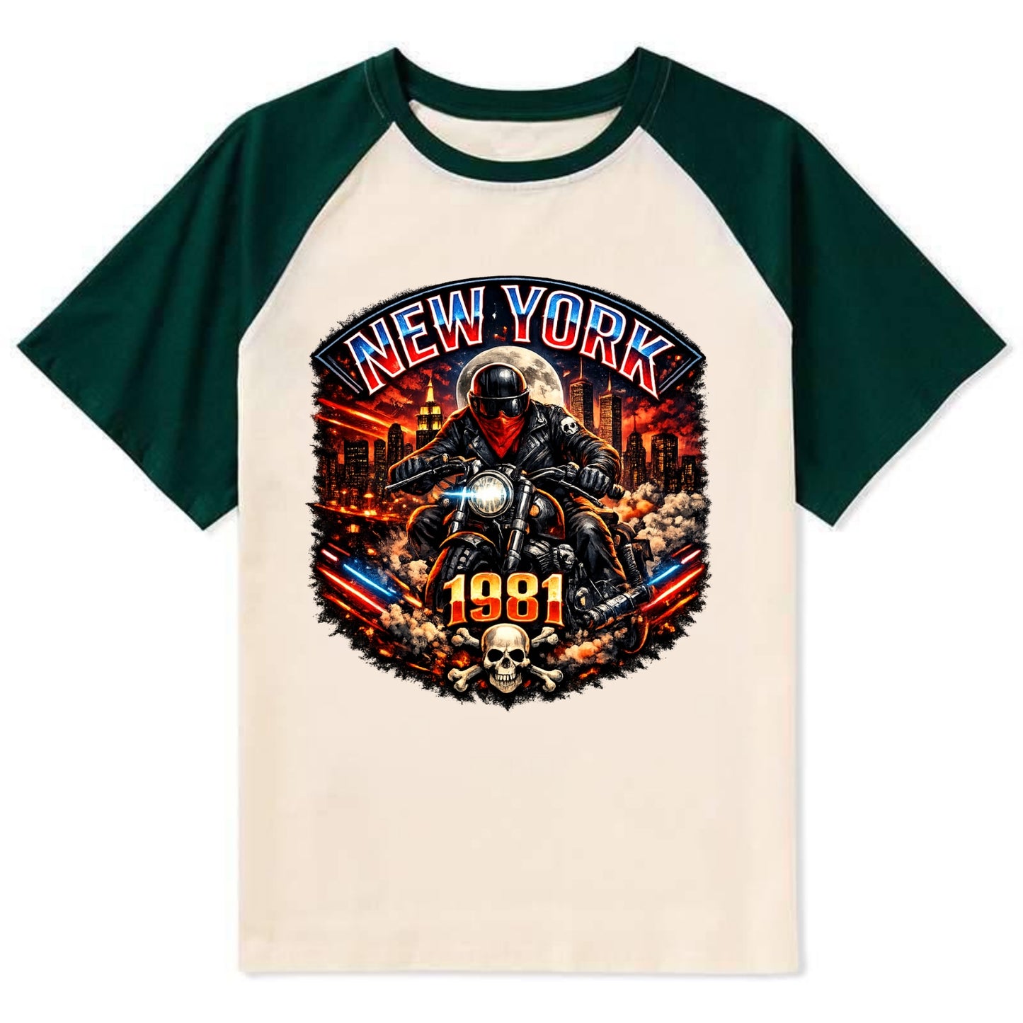 New York 1981 Biker - Contrast Raglan T-shirt - Green