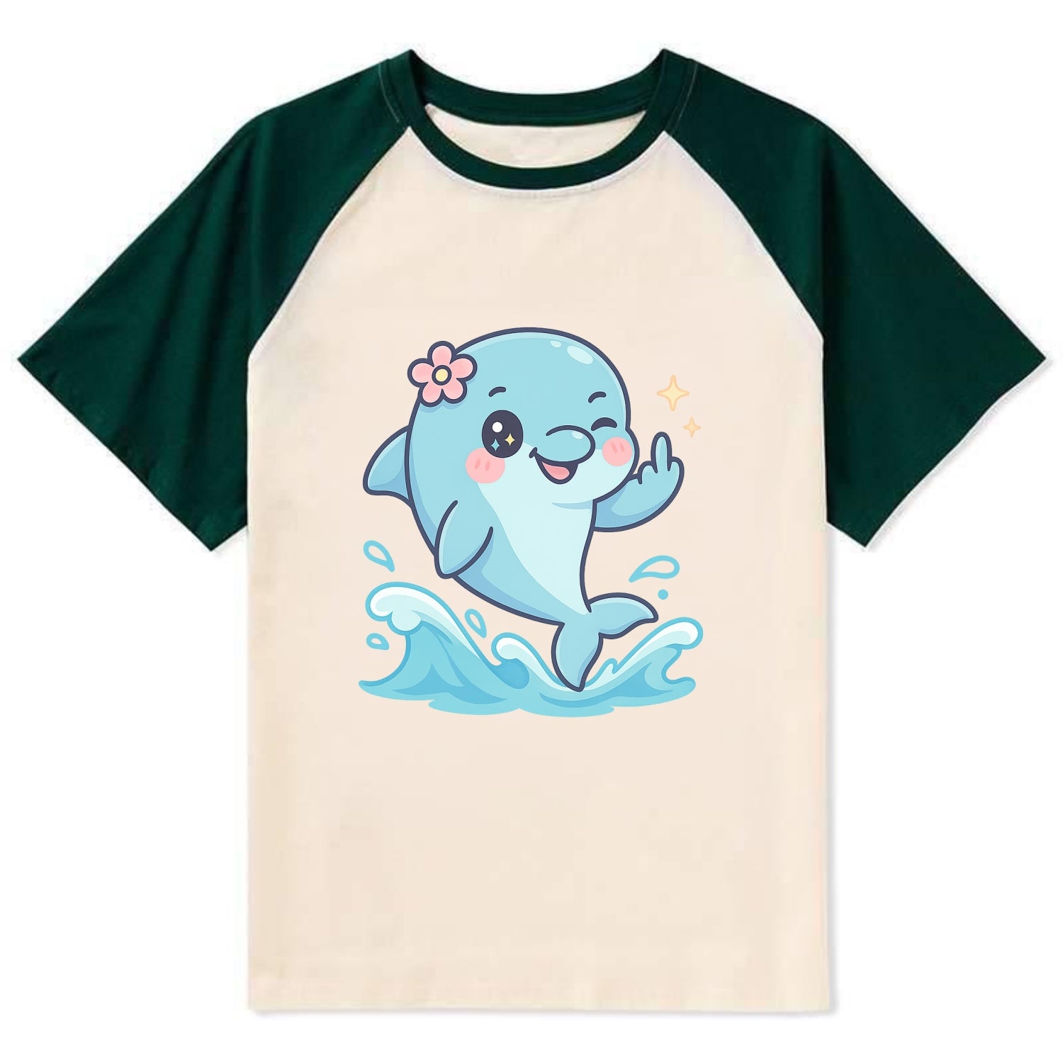 smiling dolphin jumping through ocean waves, one fin up with attitude - Contrast Raglan T-shirt - Green
