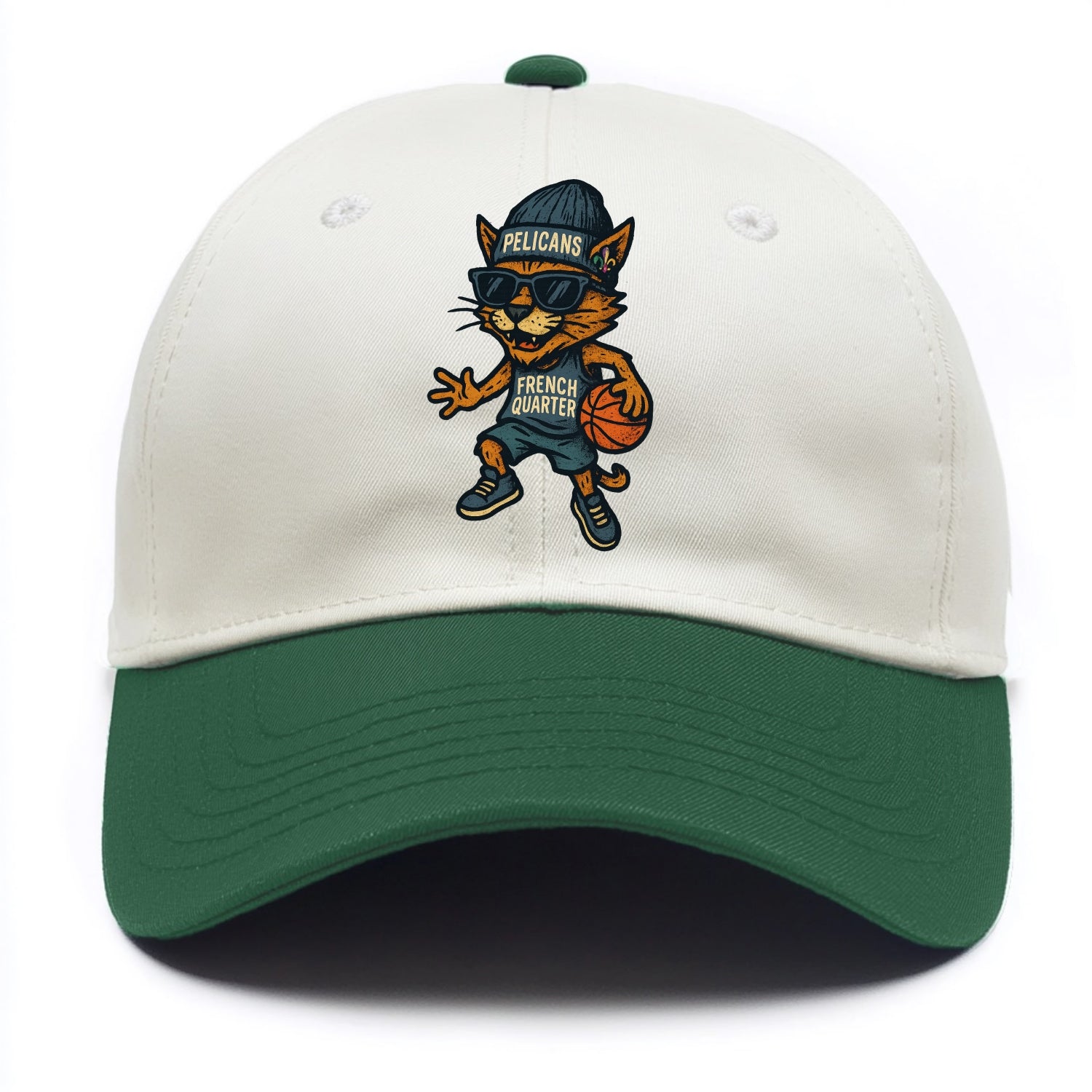 French Quarter Cat wearing Pelicans beanie with Mardi Gras patch and wayfarer - Two Tone Cap - Green