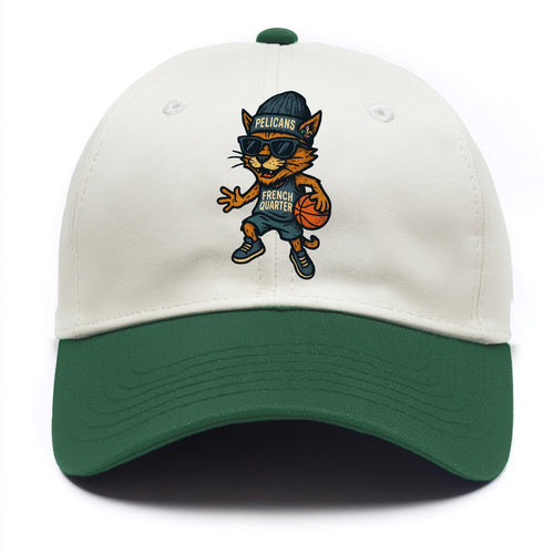 French Quarter Cat wearing Pelicans beanie with Mardi Gras patch and wayfarer - Two Tone Cap