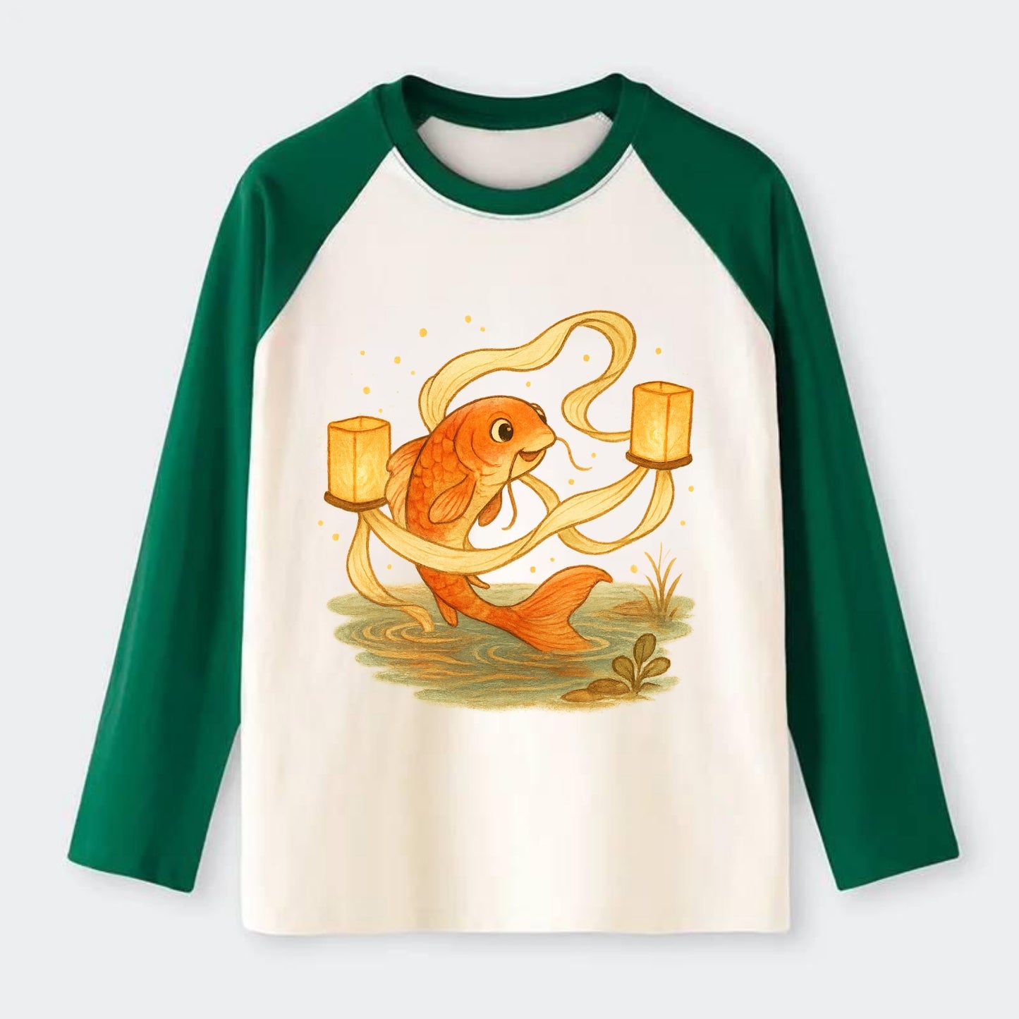 Koi weaving silk streamers through floating lanterns on tranquil water - Raglan Long Sleeve T-Shirt - Green