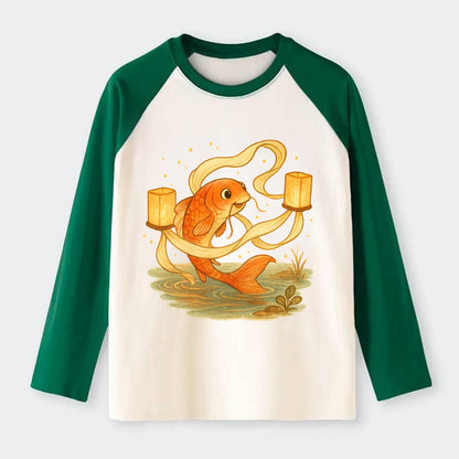 Koi weaving silk streamers through floating lanterns on tranquil water - Raglan Long Sleeve T-Shirt - Green