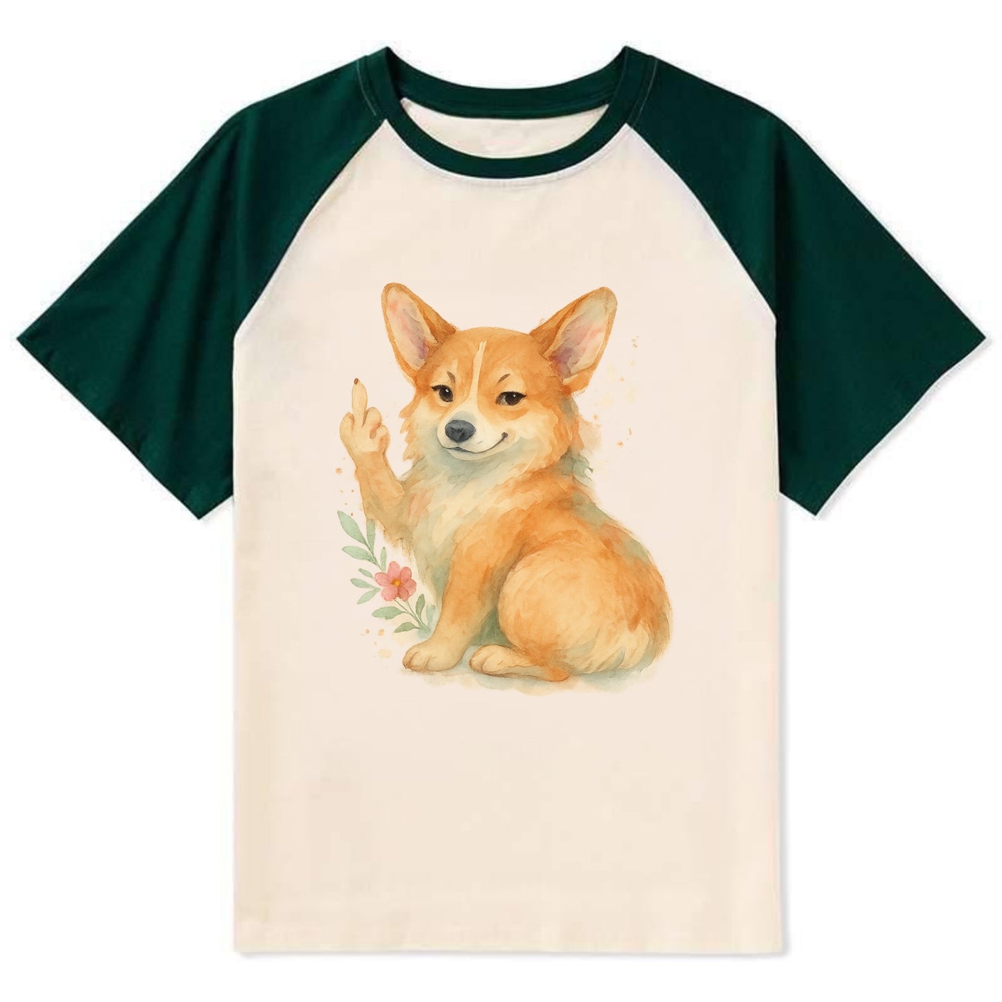 Corgi short legs and fluffy butt, one stubby paw up with sass - Contrast Raglan T-shirt - Green
