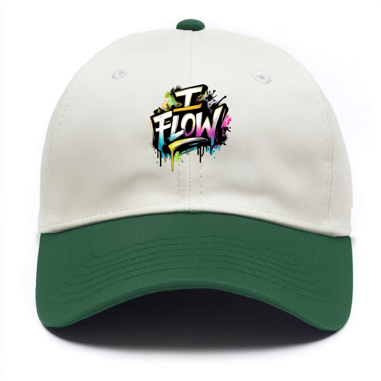 Bold typography design - "I FLOW" - going with life, easy movement - Two Tone Cap - Green