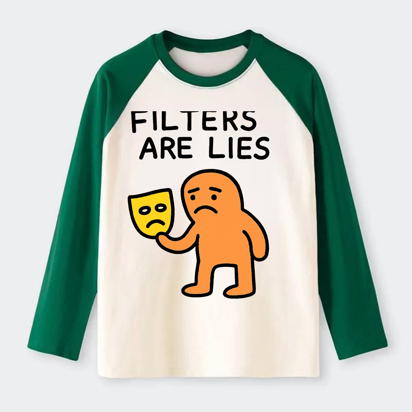 FILTERS ARE LIES | Mask arguing with face - Raglan Long Sleeve T-Shirt - Green