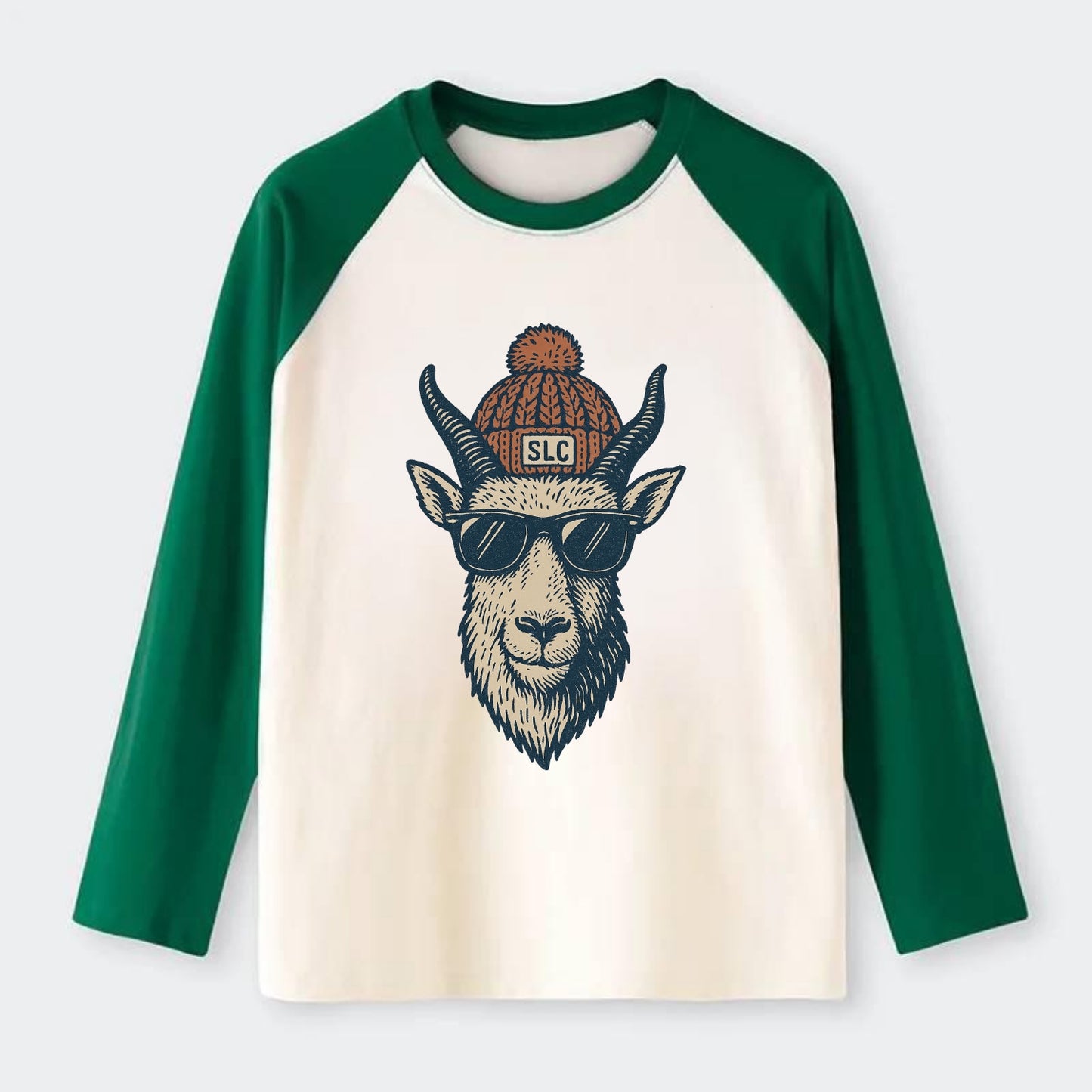 Salt Lake City Mountain Goat wearing SLC beanie with pom pom and - Raglan Long Sleeve T-Shirt - Green