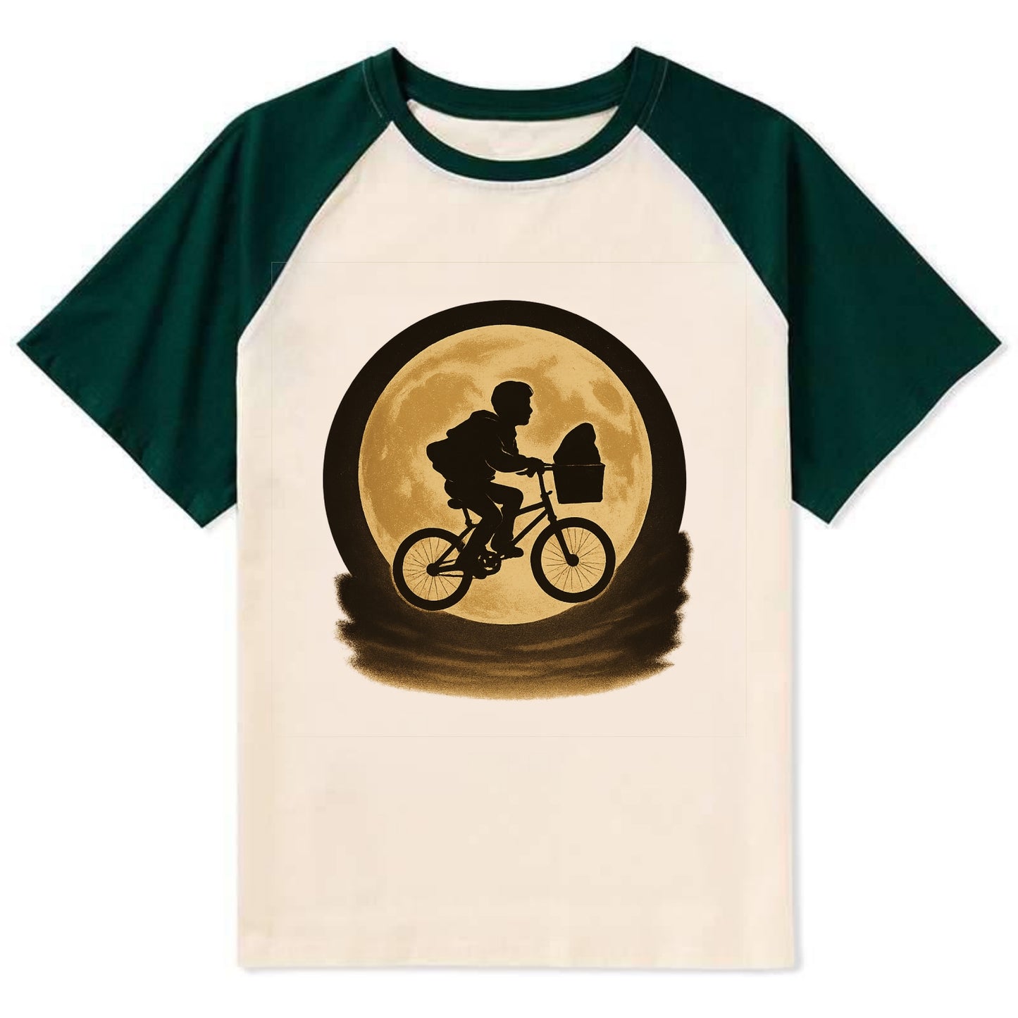 boy with bicycle flying across full moon with silhouette - Contrast Raglan T-shirt - Green