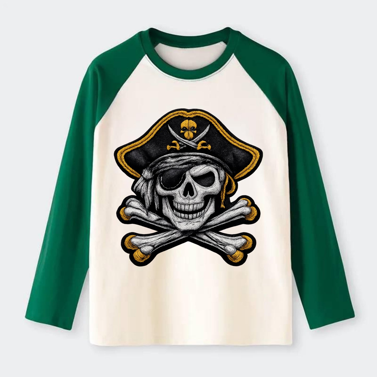 PIRATE SKULL - Jolly Roger skull in black and white , pirate - Raglan Long Sleeve T-Shirt - Green
