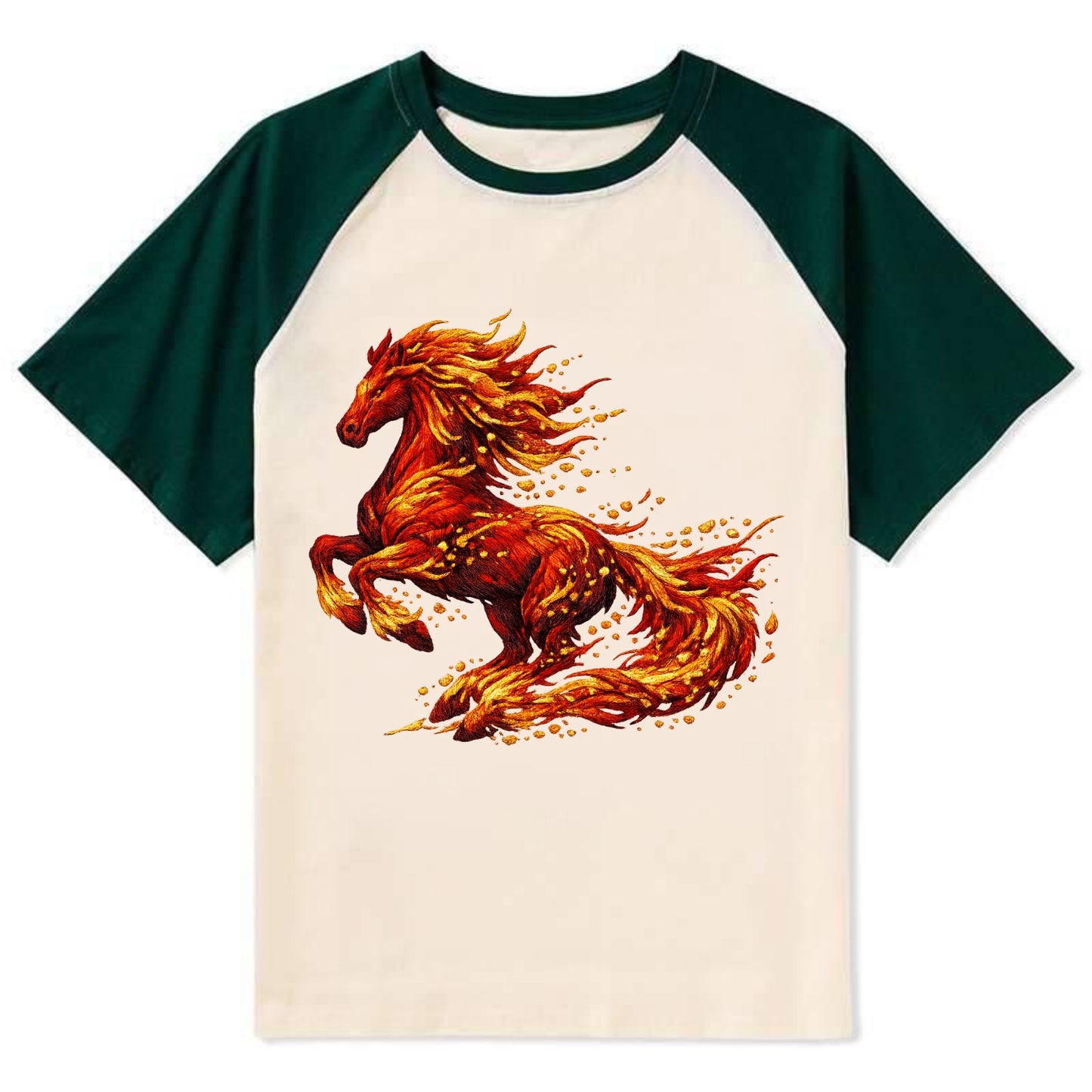 EMBER RISING | Sparks forming into horse shape | Particles of fire | - Contrast Raglan T-shirt - Green