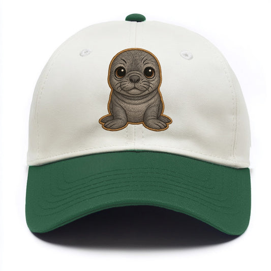 Baby Elephant Seal - gray wrinkly, tiny trunk nose, big dark eyes, front-facing, - Two Tone Cap - Green