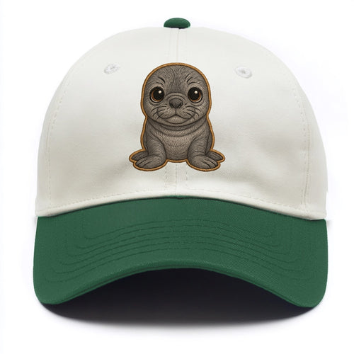 Baby Elephant Seal - gray wrinkly, tiny trunk nose, big dark eyes, front-facing, - Two Tone Cap